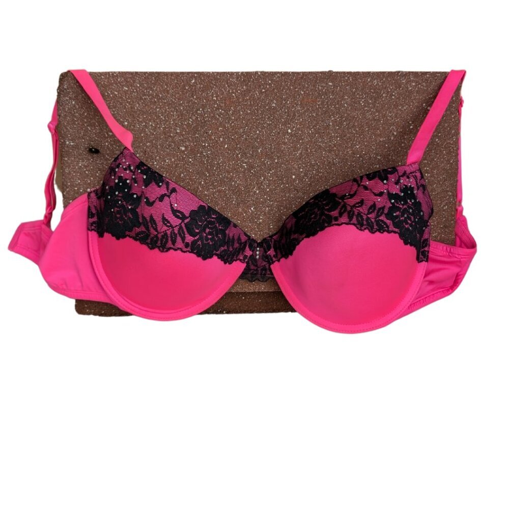 38 D Hot Pink Black Lace Underwire Rhinestone Detail - Picture 5 of 6